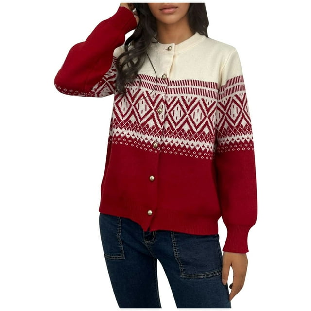 Women's Embroidered Jacquard Knit Cardigan Open Front Loose Fit Crewneck Button Up Sweater Jacket Stylish Comfortable Lightweight