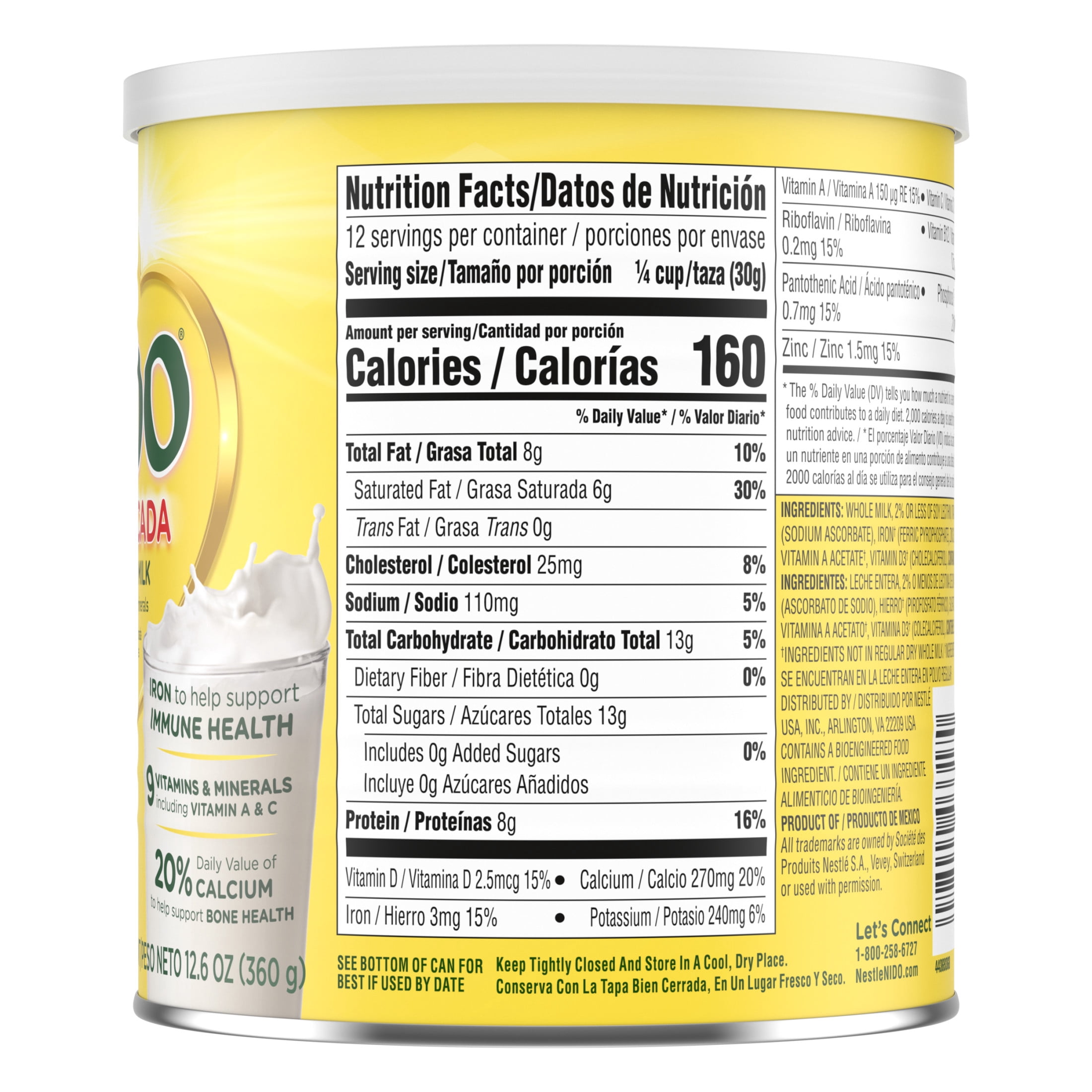 NIDO Fortificada Dry Whole Milk Powder with Vitamins A, C, D, Iron & Calcium, 12.6 oz Canister