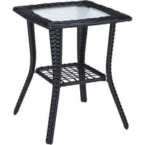 BOBOKY Outdoor Side Table with Storage Wicker Patio Side Table, Tempered Glass Top End Table for Balcony Porch Deck, 18"D x 18"W x 22.6"H,Black