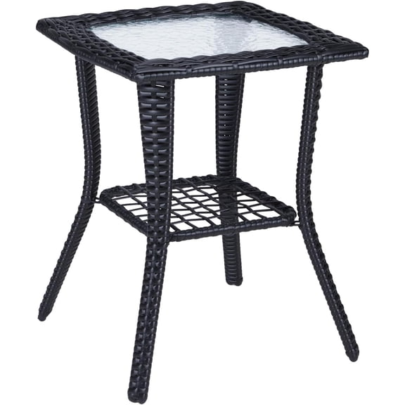 MorandiMal Outdoor Side Table with Storage Wicker Patio Side Table, Tempered Glass Top End Table for Balcony Porch Deck (Black)