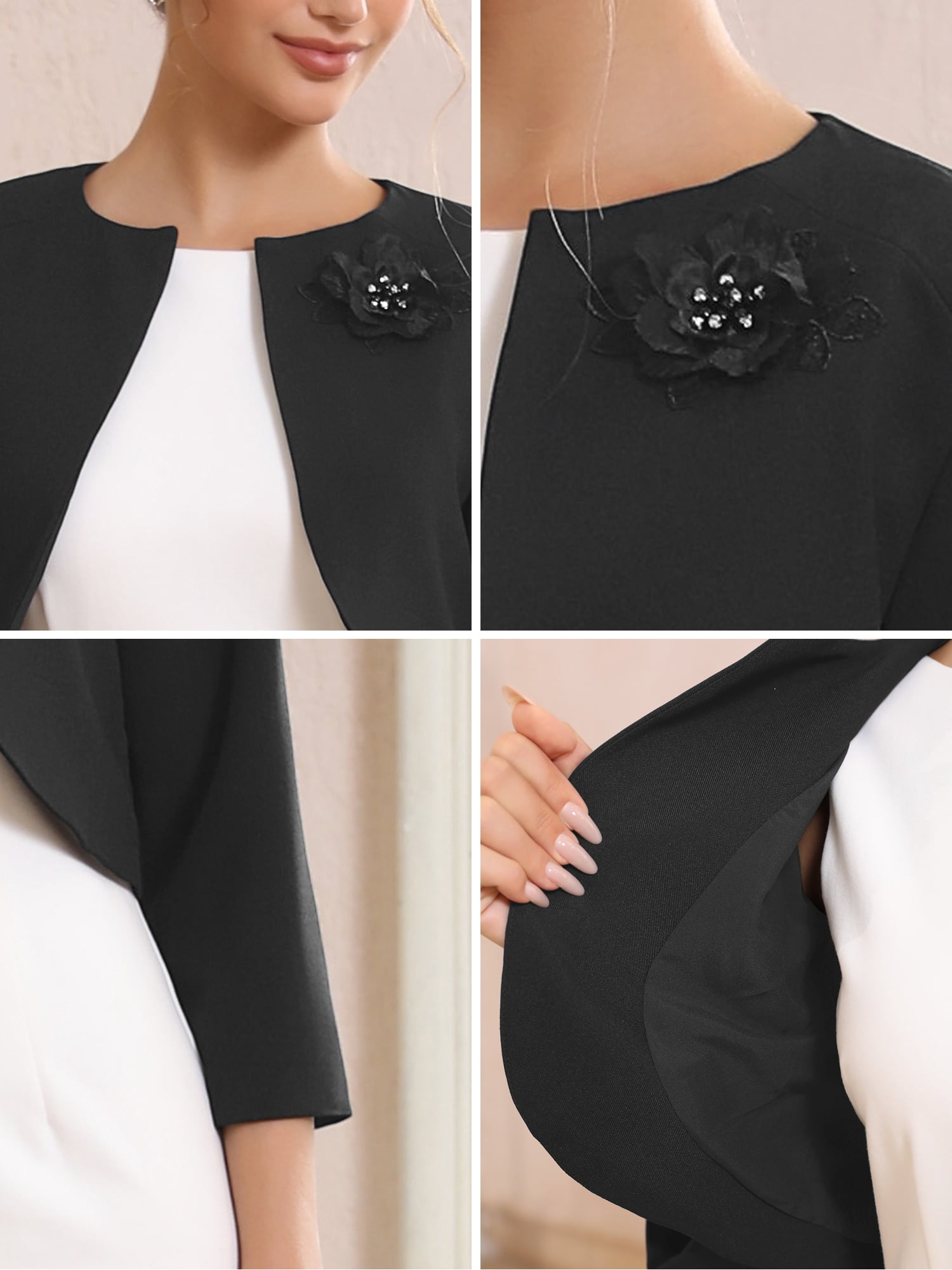 DARING DIVA Women's 3/4 Sleeves Flower Decor Open Front Formal Bolero XL Black