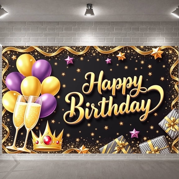 Gold Lettering Banner Purple Gold Balloons Birthday Party Display Crown Decoration Gift Box Design Festive Backdrop for Birthday Party Indoor Decoration Photo Shoot