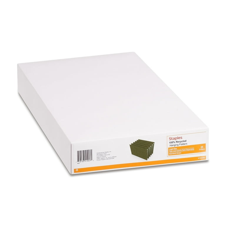 Staples Hanging File Folders, Legal Size, Green, 25/Box, Durable