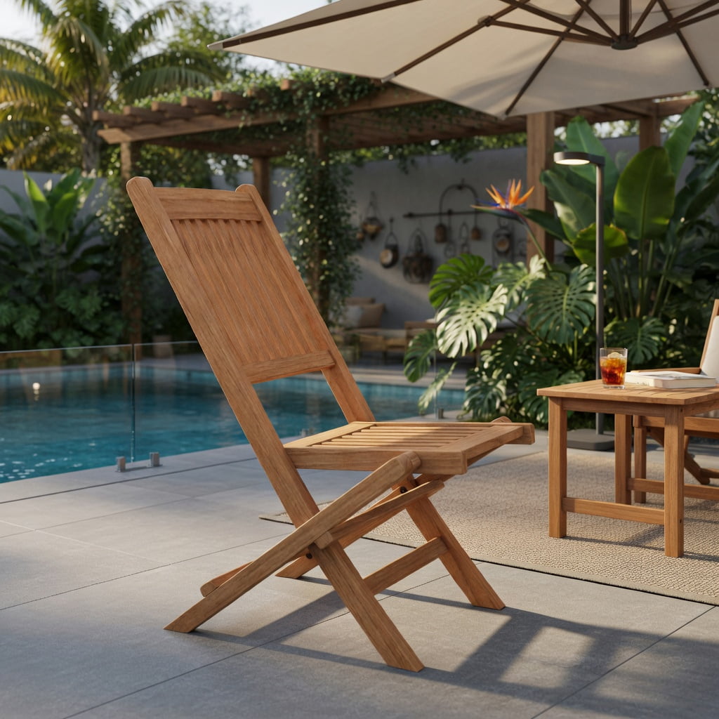 Hommoo Indonesia Teak Wood Folding Patio Dining Chair, Slatted Seat, Lightweight 10 lb Outdoor Chair for Backyard, Poolside & Camping, Natural