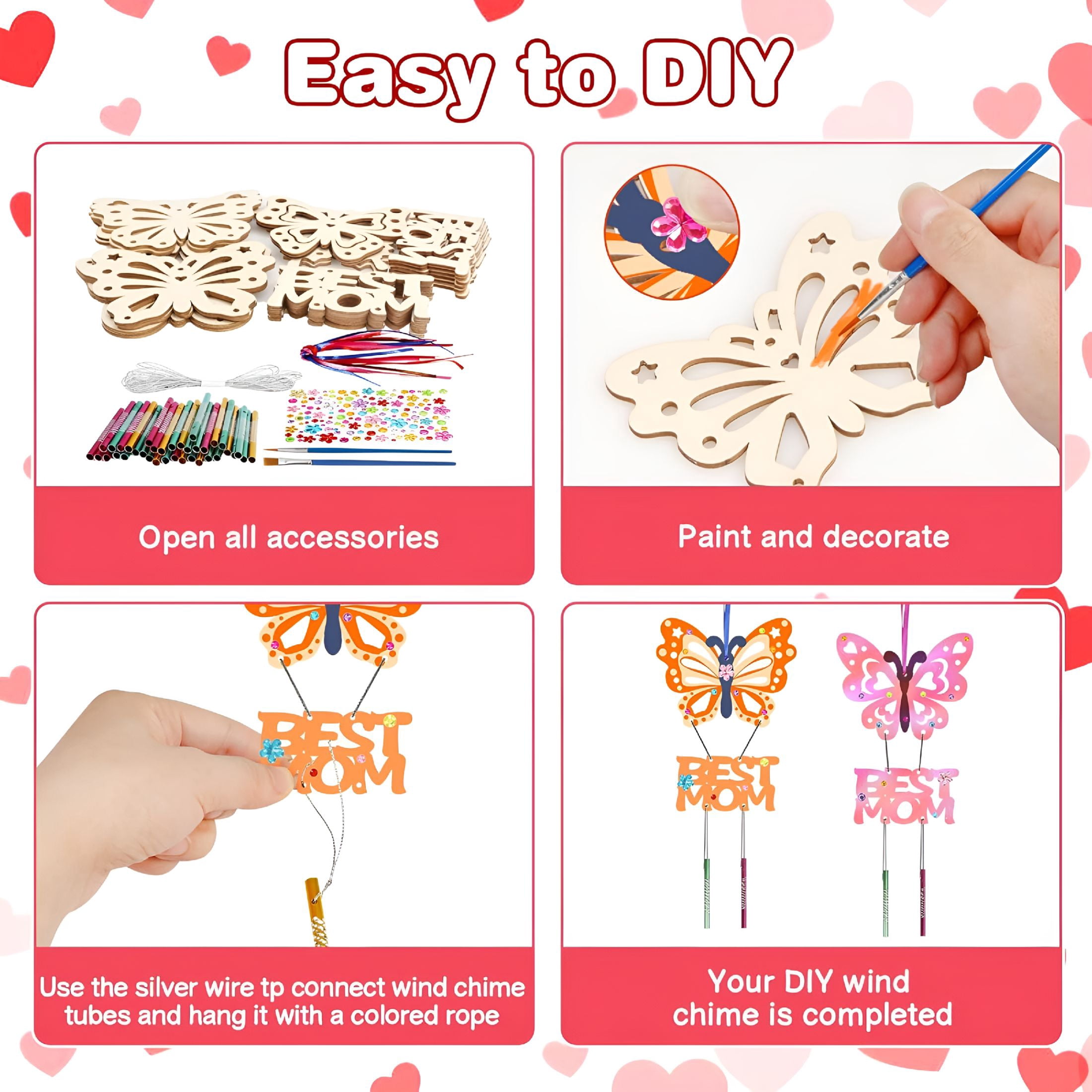 BESTSKY 12 Pack Butterfly Wind Chime Kit for Kids Make Your Own Mother’S Day Craft Kit Diy Coloring Wooden Art and Craft for Mom’S Birthday Decoration from Son Daughter