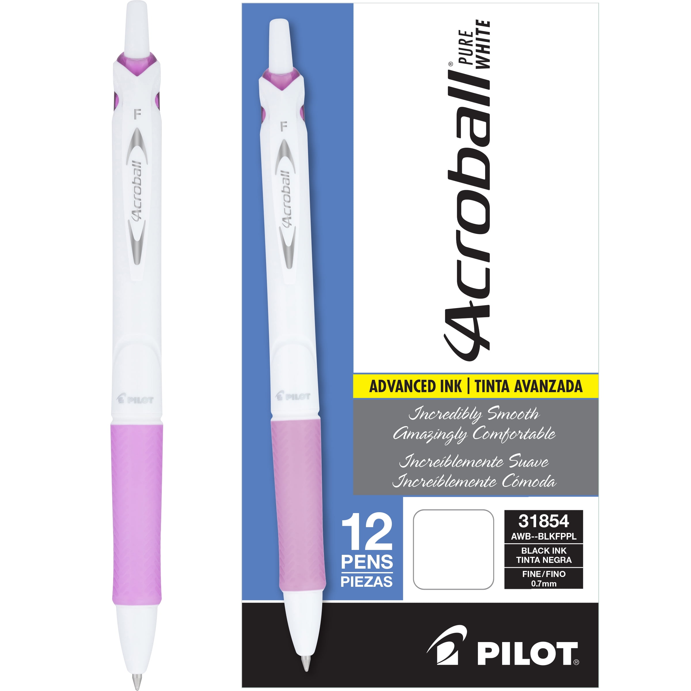 Fine Point 3 Pens Black Ink- 1 Pack PILOT Acroball PureWhite Advanced Ink Refillable & Retractable Ball Point Pens with Blue/Lime/Turquoise Accents 
