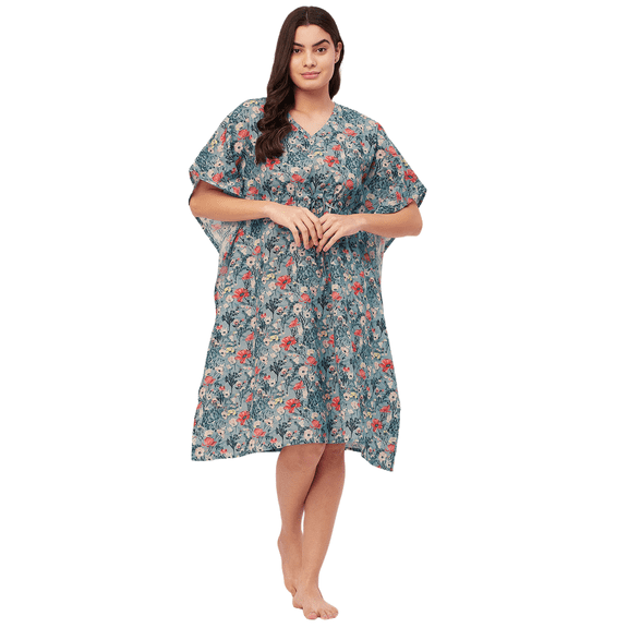 Moomaya Sleepwear, Printed Kaftan For Women, V-Neck Cotton Caftan Sleep Dress