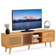 Danrelax Mid-Century Modern TV Stand, 55 Inch Rattan Media Console with Tempered Glass Sliding Door, Adjustable Shelf & 2 Drawers, Boho Bamboo Storage Cabinet for Living Room or Bedroom