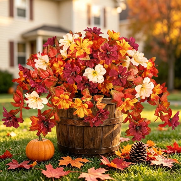 Scidweet Fall Fake Flowers Outdoors, 2Pcs Autumn Artificial Silk Azalea Flowers Faux Plants Fall Decorations for Home Outside Garden Balcony Yard Front Porch Indoor Decor