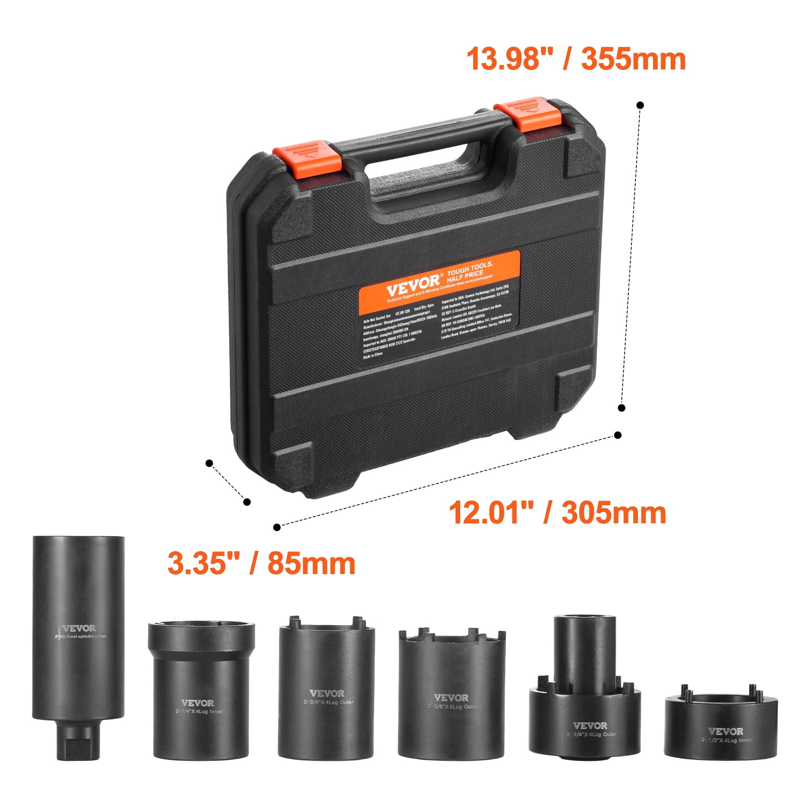 VEVOR Spindle Nut Socket Tool Kit, 1/2 inch Drive 6 Piece Axle Hub Nut Socket Set, for Toyota, Ford, 4WD Vehicles and GM Vehicles, with Storage Case, Axle Spindle Nut Retainers Remover