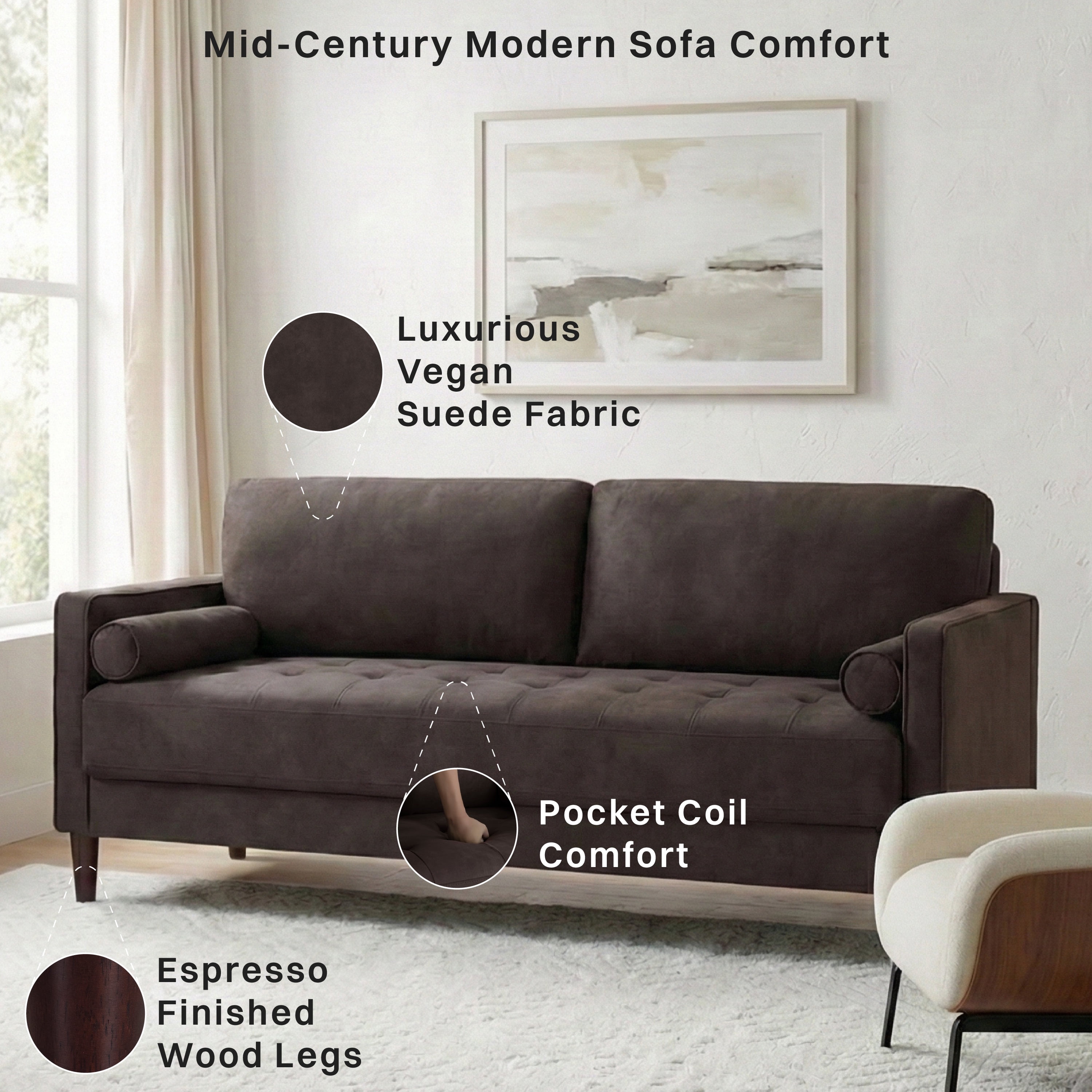 Studio Living Lorelei Mid-Century Modern Sofa, Charcoal Faux Leather