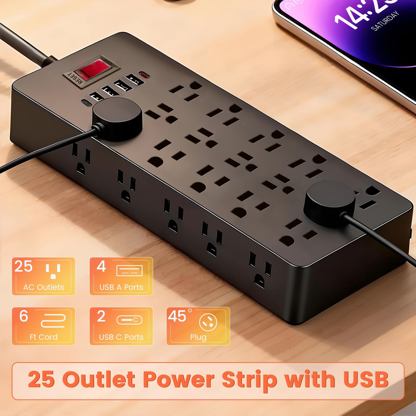 ZHANGONG 25-Outlet Power Strip with 6 USB Ports (2 USB-C) & Flat Plug, 2000J Surge Protector, 15A 1875W, 6.5ft Cord for Home Office Desk Electronics