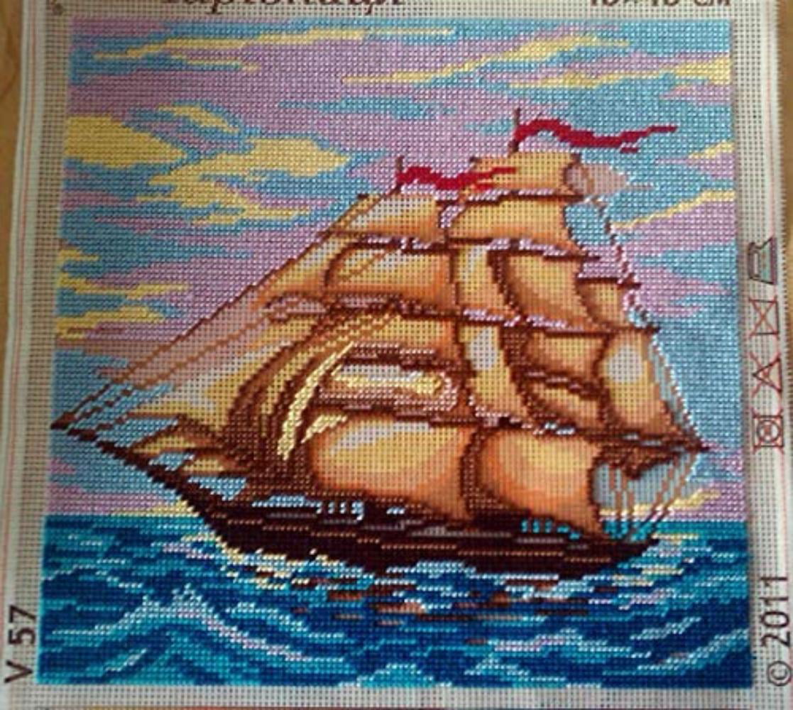 Sailing Ship. Needlepoint Kit. Throw Pillow 16×16 Inches. Printed 