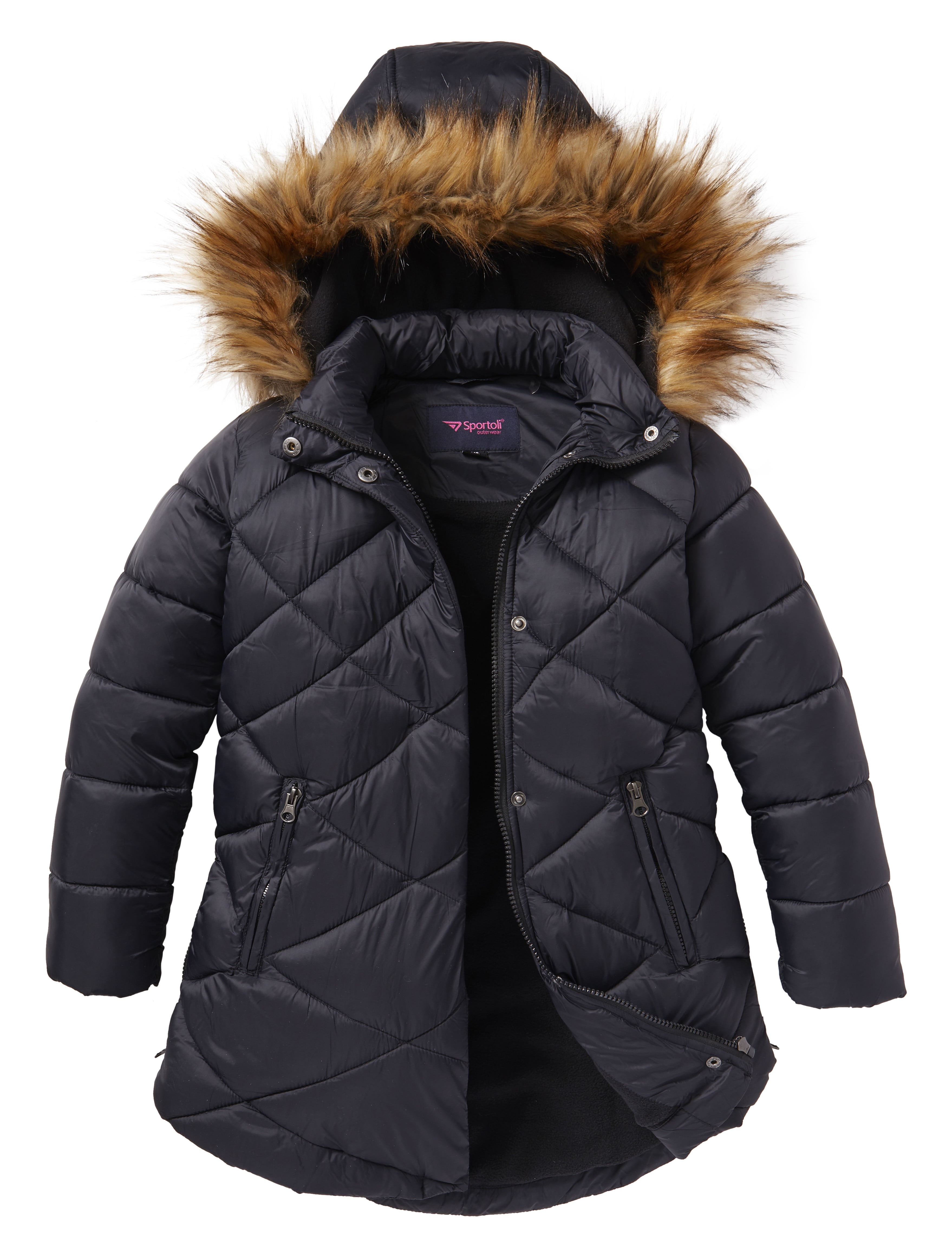 Girls Fleece Lined Heavy Winter Anorak Jacket Coat Faux Fur Trim Zip-Off Hood