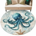 thumbnail image 2 of Teal Octopus Coastal Round Rugs 5ft, Summer Beach Vintage Nautical Non Slip Washable Rug Runner, Low Pile Indoor Floor Carpet Mat Bathroom Rugs for Living Room, Bedroom, Kids Room, 2 of 9