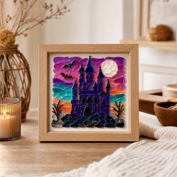 Halloween Glass Mosaic Diy Craft Kit with Framed Haunted Castle Design, 1-Piece Purple and Teal Mosaic Tiles for Home Wall Decor, Wall Art Decoration