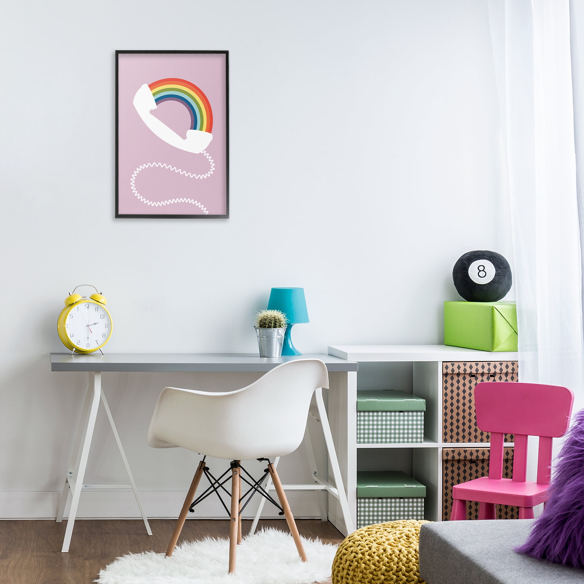 Stupell Industries Rainbow Phone on Pink Novelty Painting Black Framed Art Print Wall Art, 16 x 24