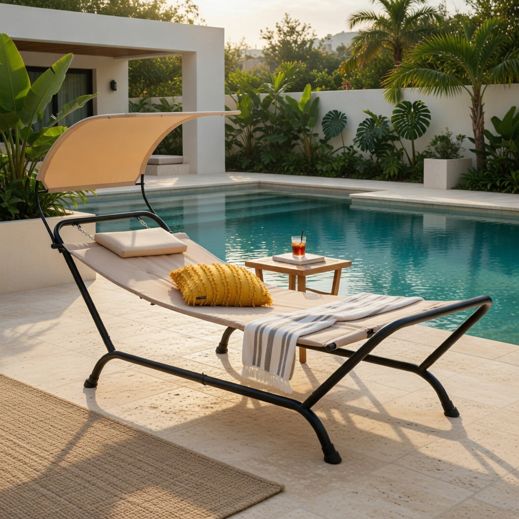 Hommoo Outdoor Hanging Chaise Lounge Chair with Sun-Blocking Canopy, Thick Cushion & Pillow, Heavy-Duty Metal Frame for Patio, Deck, Poolside, Beige