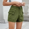 thumbnail image 5 of Women's Stretch Denim Casual Shorts - Button Flap Pockets & Elastic Waistband, Faded Solid Color Retro Jean Shorts for Daily Wear,Army Green L, 5 of 5