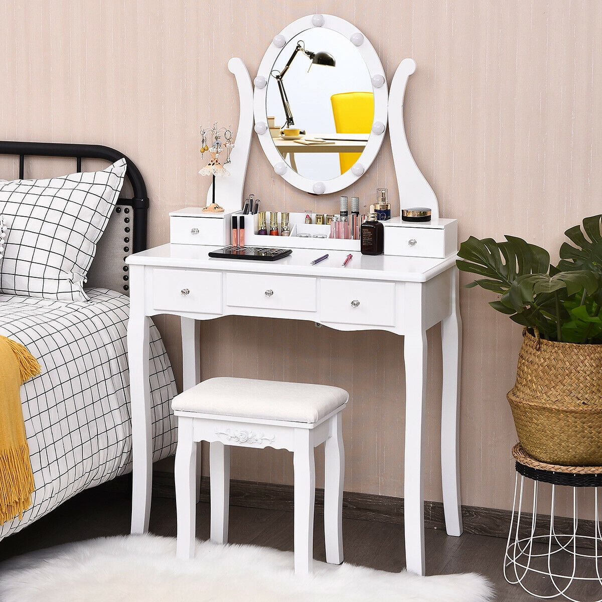 Gymax Vanity Table Set Makeup Dressing Table with10 Light Bulbs and Touch Switch, White