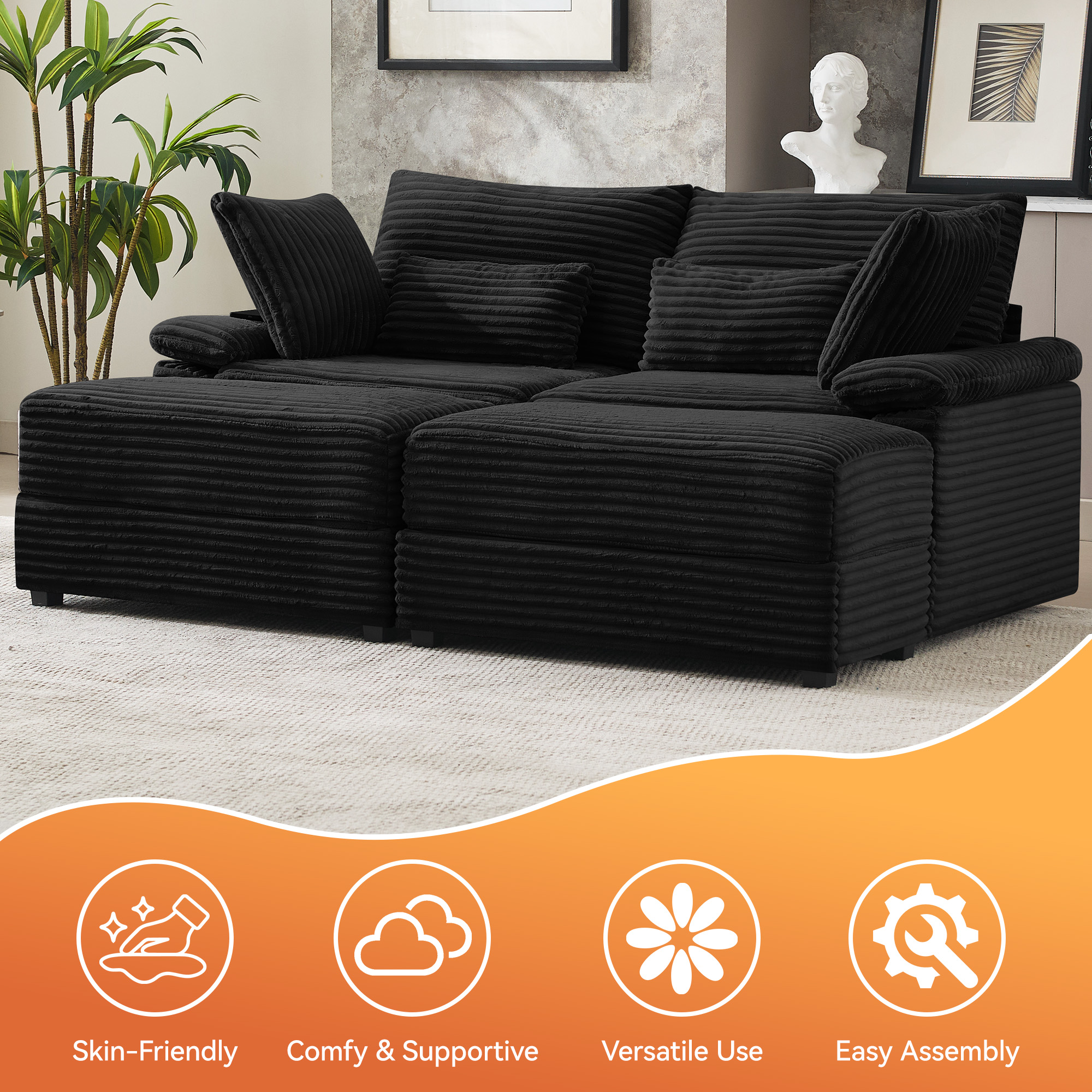 Corduroy Upholstered Sofa for Living Room,Modern Deep Seat Comfy Loveseat Couch with 2 Ottomans,Black