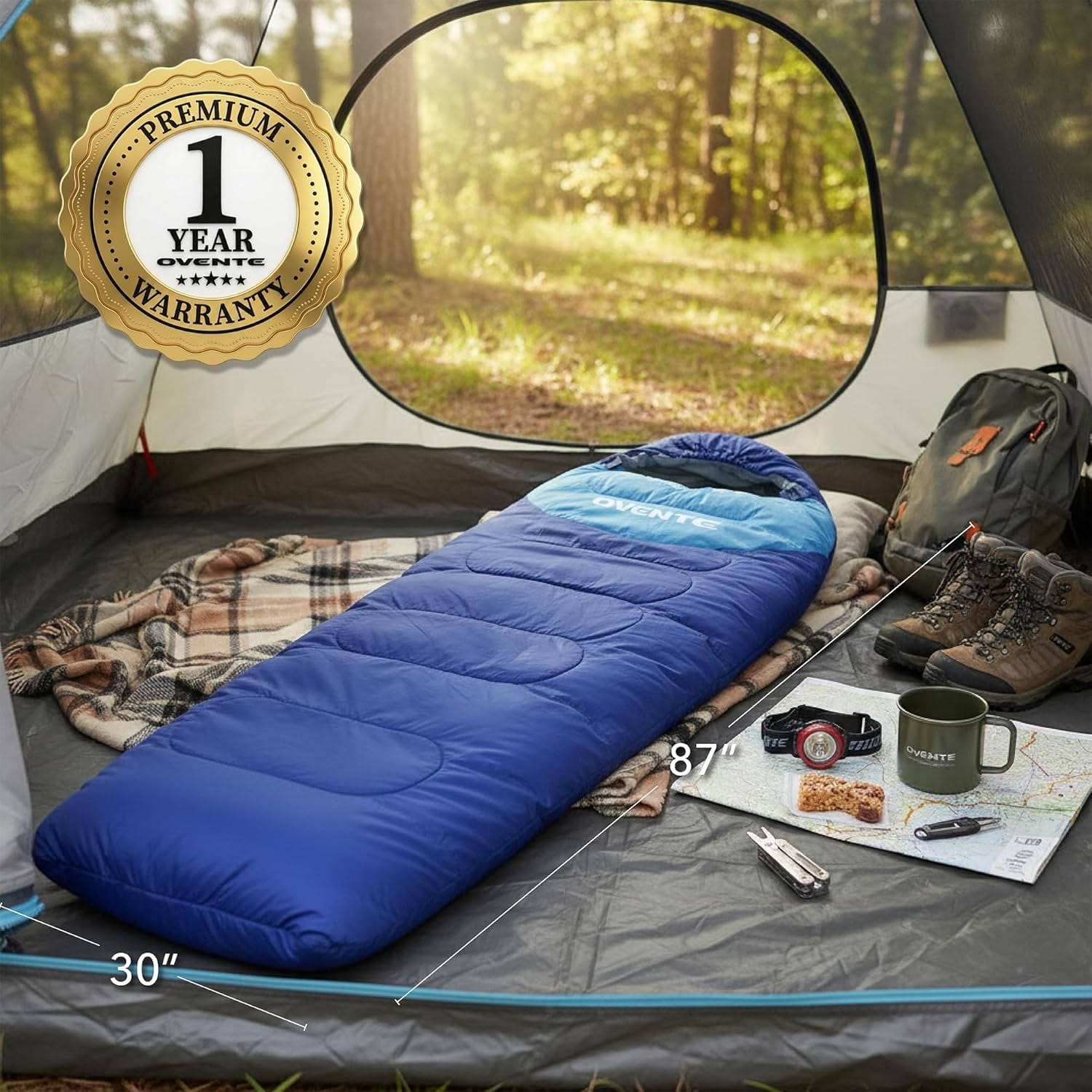 OVENTE Camping Sleeping Bag, Lightweight Waterproof, Blue SBHW001BL | Camping Gear Essential for Adults and Kids, Ideal for Cold & Warm Weather, Hiking, Hunting, Traveling, and Outdoors