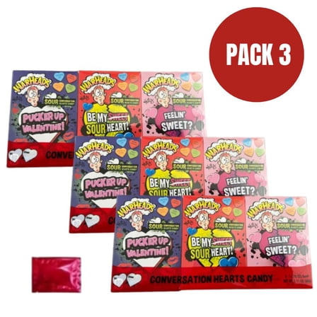 WARHEADS Sour Conversation Hearts Candy, Pack of 3 (2.11 oz Each), Valentine’s Sour Candy Hearts, Pucker Up Treats   BONUS LaPrima Morceau Bonbon