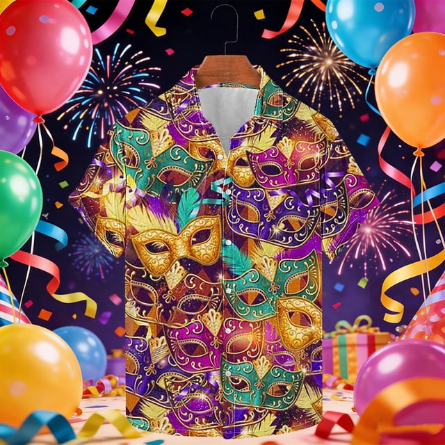 Ceisia Men's Mardi Gras Festive Print Short Sleeve Button-Up Shirt Collection | Ornate Mask Collage Button-Up Shirt Gifts