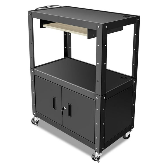 22"-42" Adjustable Height Steel Shelf Rolling Media AV Utility Cart   Power Strip