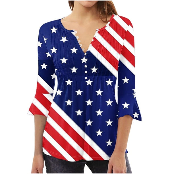 Blusas de Algodón para las Mujeres Impresas 3/4 Mangas V-Cuello Camiseta, Blusa de Algodón de Imitación Casual para las Mujeres