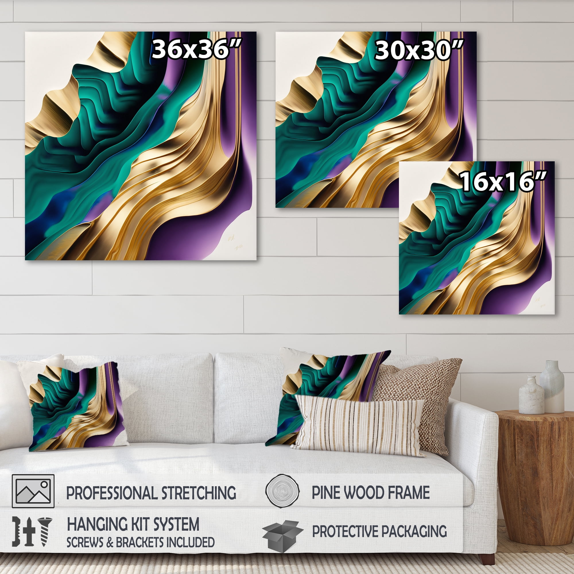 Designart Purple, Green And Gold Bold Strokes III Canvas Wall Art