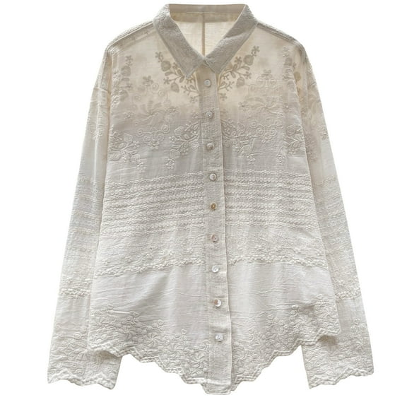 TFEOQRY Women's Floral Embroidered Shirt Collared Long Sleeve Button Down Blouse Scalloped Hem Casual Top Beige