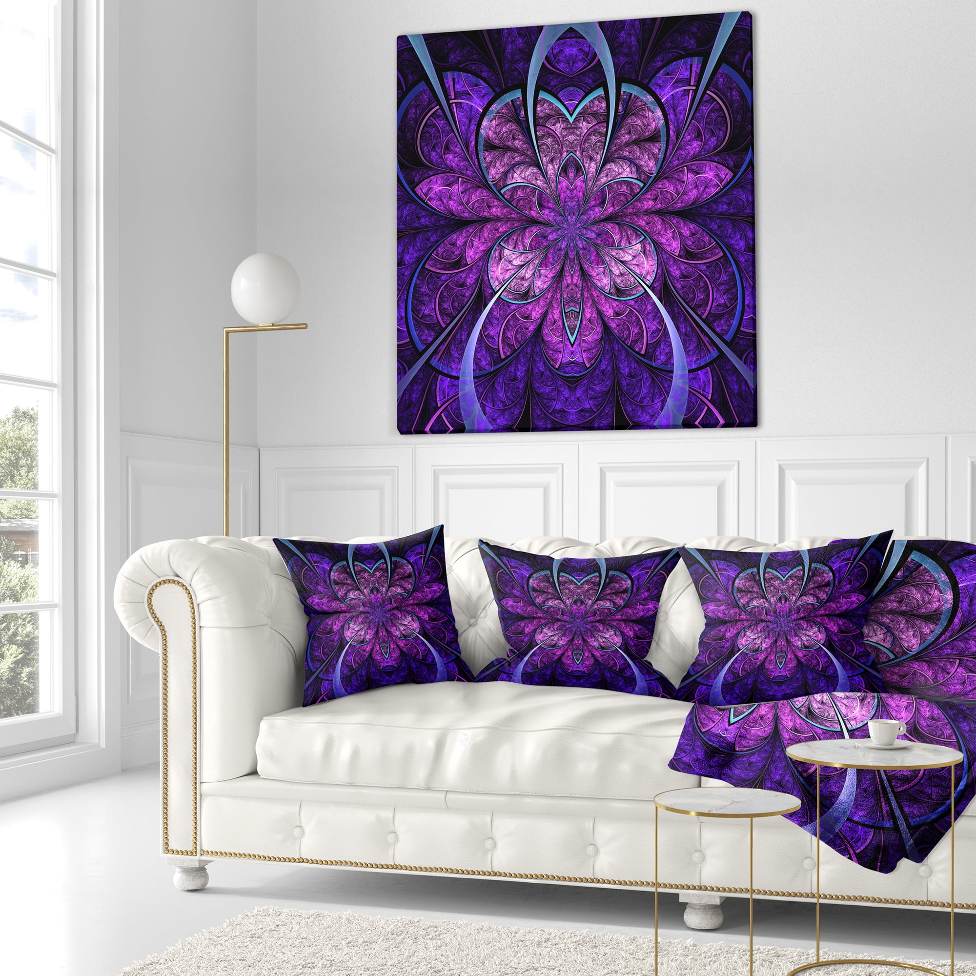 Designart Blue and Purple Large Fractal Flower - Floral Throw Pillow - 16x16