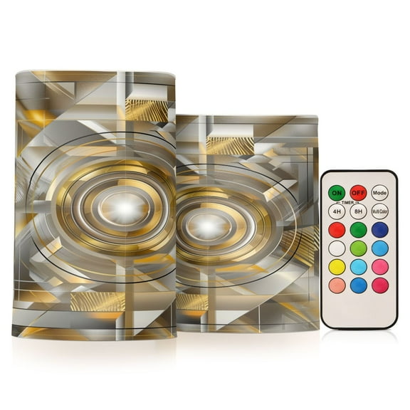 Flickering Flameless LED Candles set of 2 Battery Operated 18-Key Remotes Timer Halloween Fall Decor Abstract Silver Geometric D3''xH4''5''