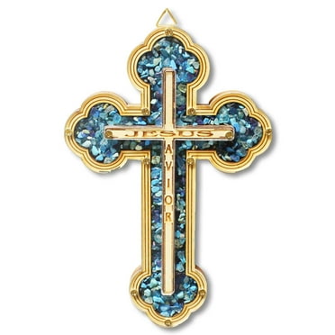 My Daily Styles Wooden Christian Cross Jesus Savior Simulated Gemstones Turquoise Wall Decor - Made in Israel