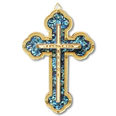 Wooden Cross Designs - Wooden Christian Cross Jesus Savior Simulated Gemstones Turquoise Wall Decor - Made in Israel