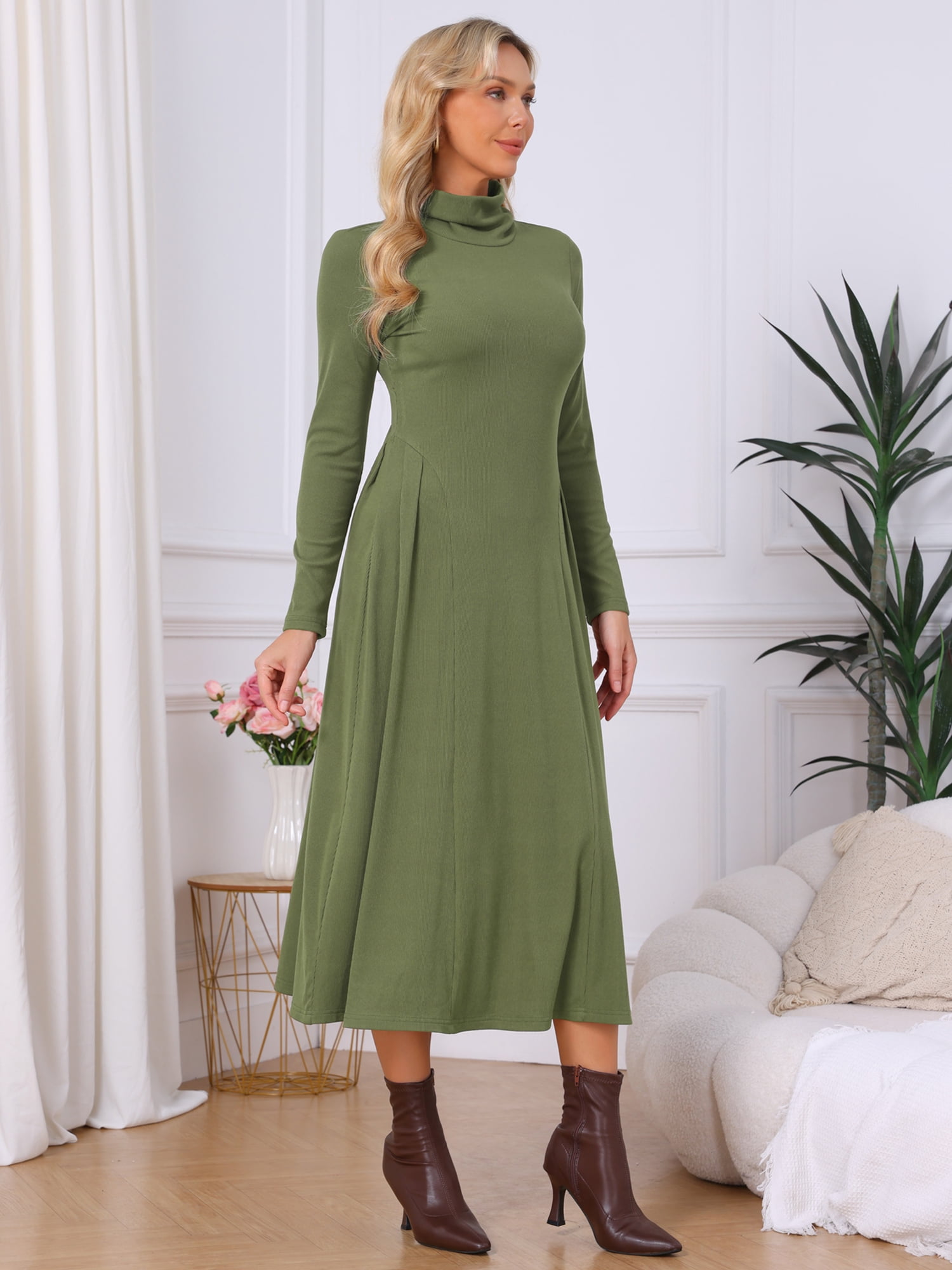 DARING DIVA Women's Sweater Turtleneck Long Sleeve A Line Knit Dress L Green