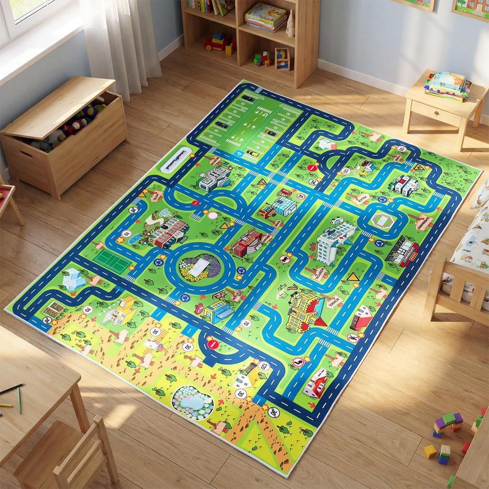 Car Rug Play Mat for Kids Toy Cars, Road Traffic Playmat for Kid Bedroom, Non-Slip Machine Washable Town City Race Track Carpet for Learn and Have Fun