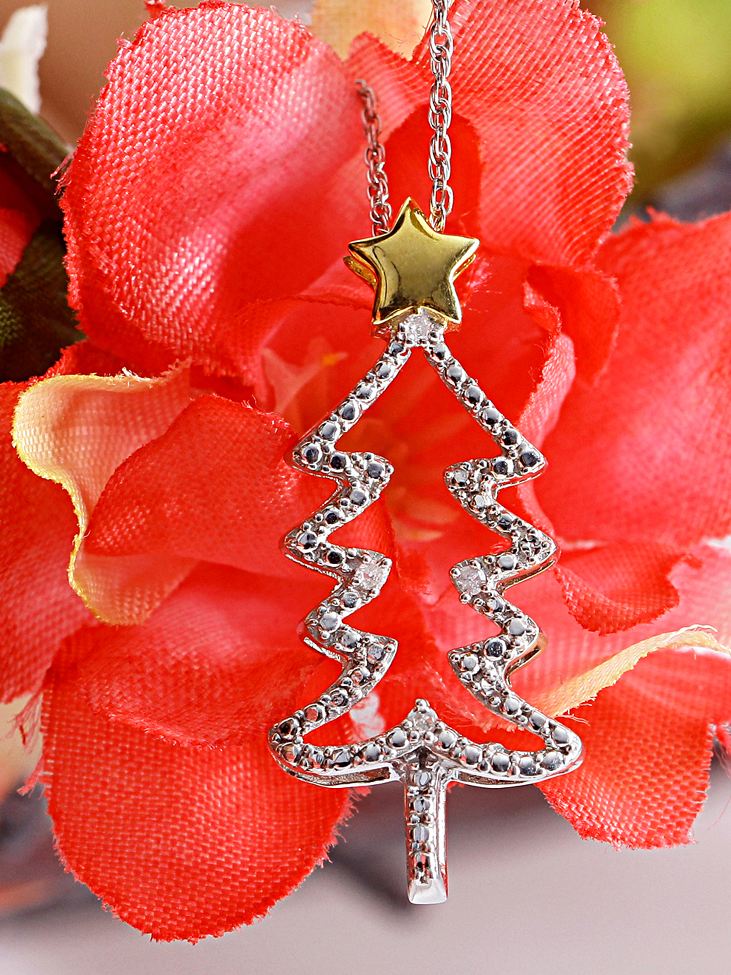 JewelersClub Christmas Tree Necklace Diamond Necklace for Women – Genuine White Diamond, Two-Tone Silver Necklace Christmas Tree – Christmas Gifts for Women – Silver Diamond Pendant Necklace for Women