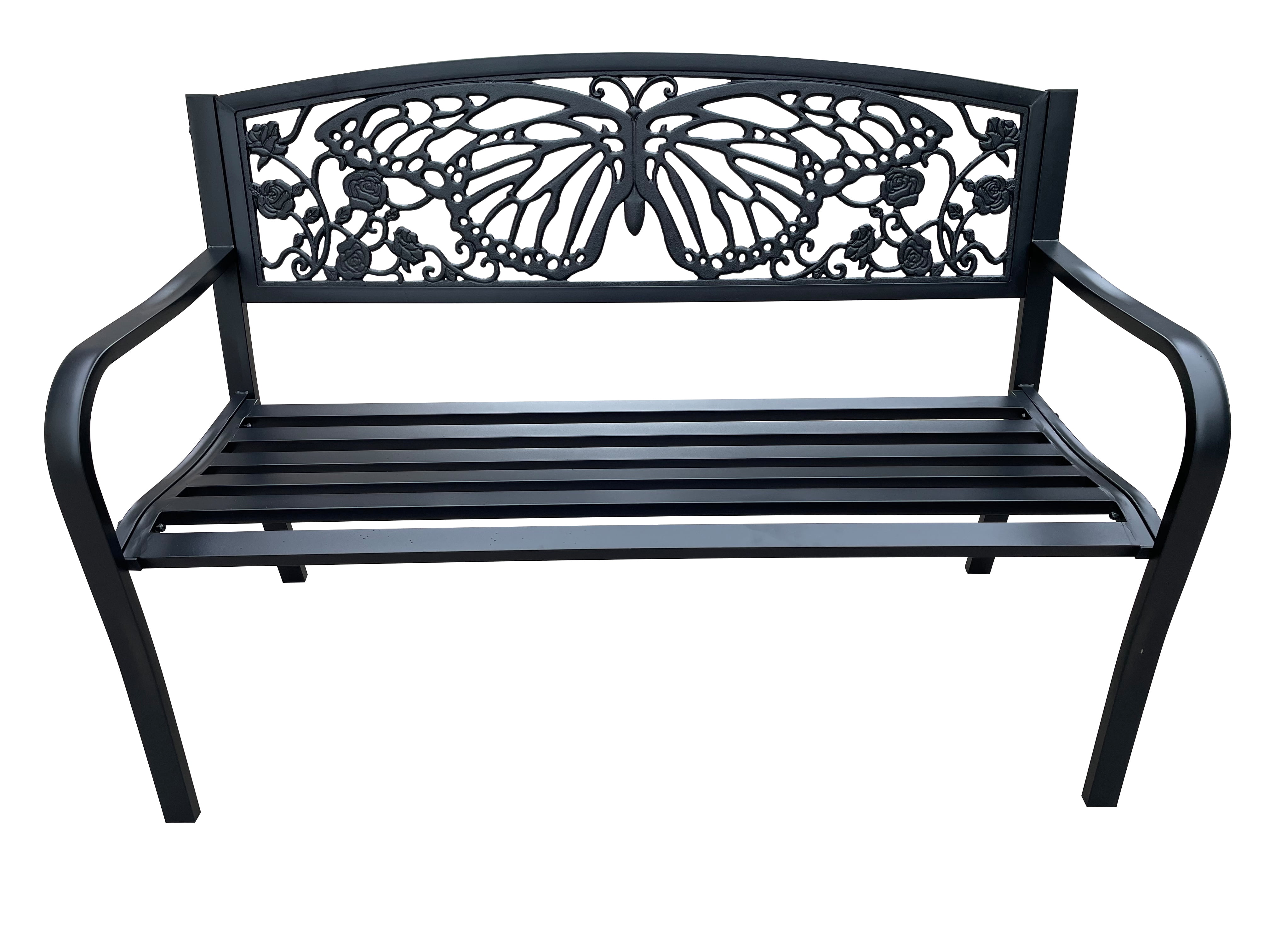 50" Outdoor Metal Garden Bench with Butterfly Backrest Design - Black