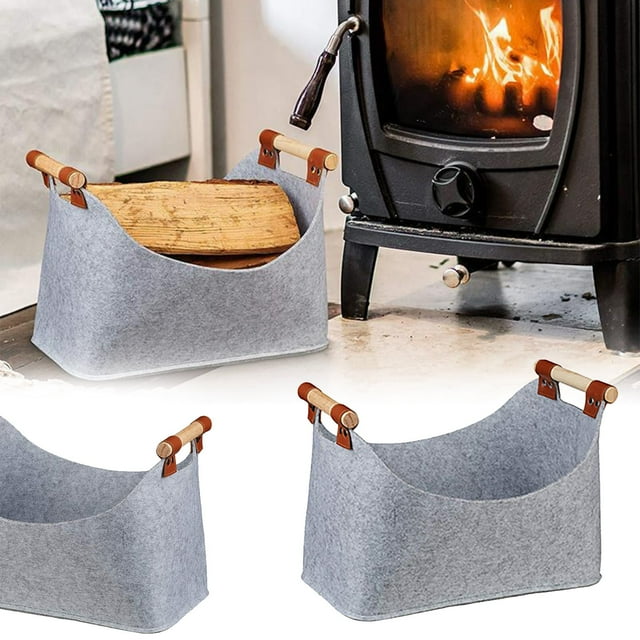 Firewood Bag Extra Thick | Firewood Basket Foldable with Reinforced Wooden Handles | Storage Basket for Wood Newspaper Or Firewood Including Work Gloves Easy Access Storage Bag Lightweight Design