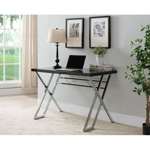 Jade Home & Office Workstation Computer Desk, Black Wood Top & Chrome Metal Base, Modern