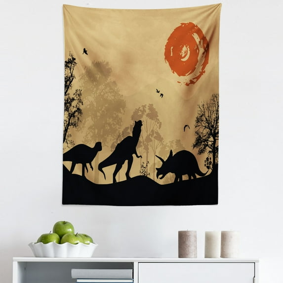 Dinosaur Tapestry, Silhouettes of Prehistoric Animals Wilderness Landscape Abstract Sun, Fabric Wall Hanging Decor for Bedroom Living Room Dorm, 5 Sizes, Pale Brown Orange Black, by Ambesonne