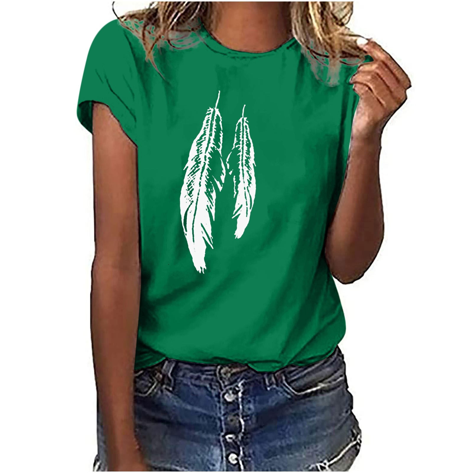 Womens T Shirts Loose Fit Summer Casual Crew Neck Graphic Feather Print ...