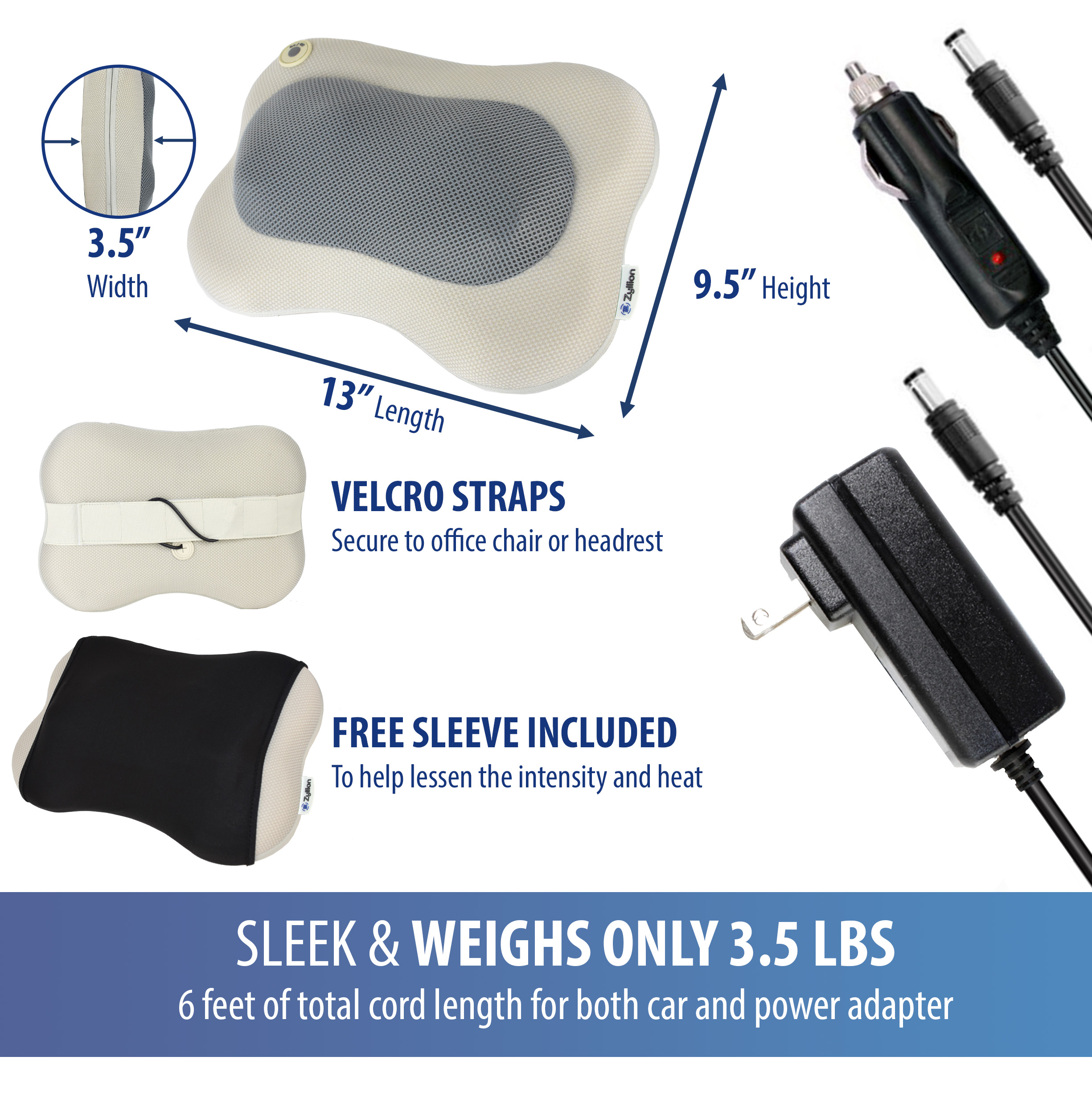 Zyllion Shiatsu Back & Neck Massager 3D Kneading Massage Pillow with Heat for Muscle Pain, Cream