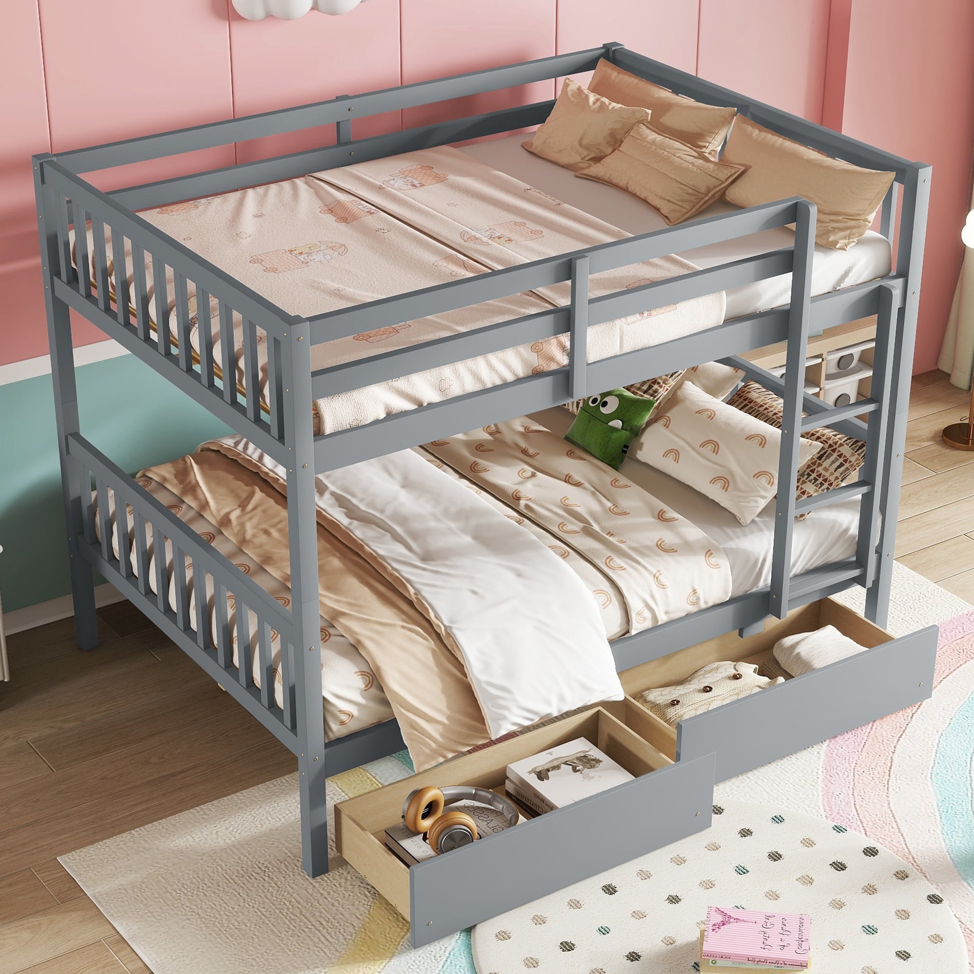 Leumius Full Over Full Rubber Wood Bunk Bed with 2 Drawers, Convertible into 2 Full Beds, Full Size Bunk Bed with Ladder and Safety Guardrails for Boys Girls Grey