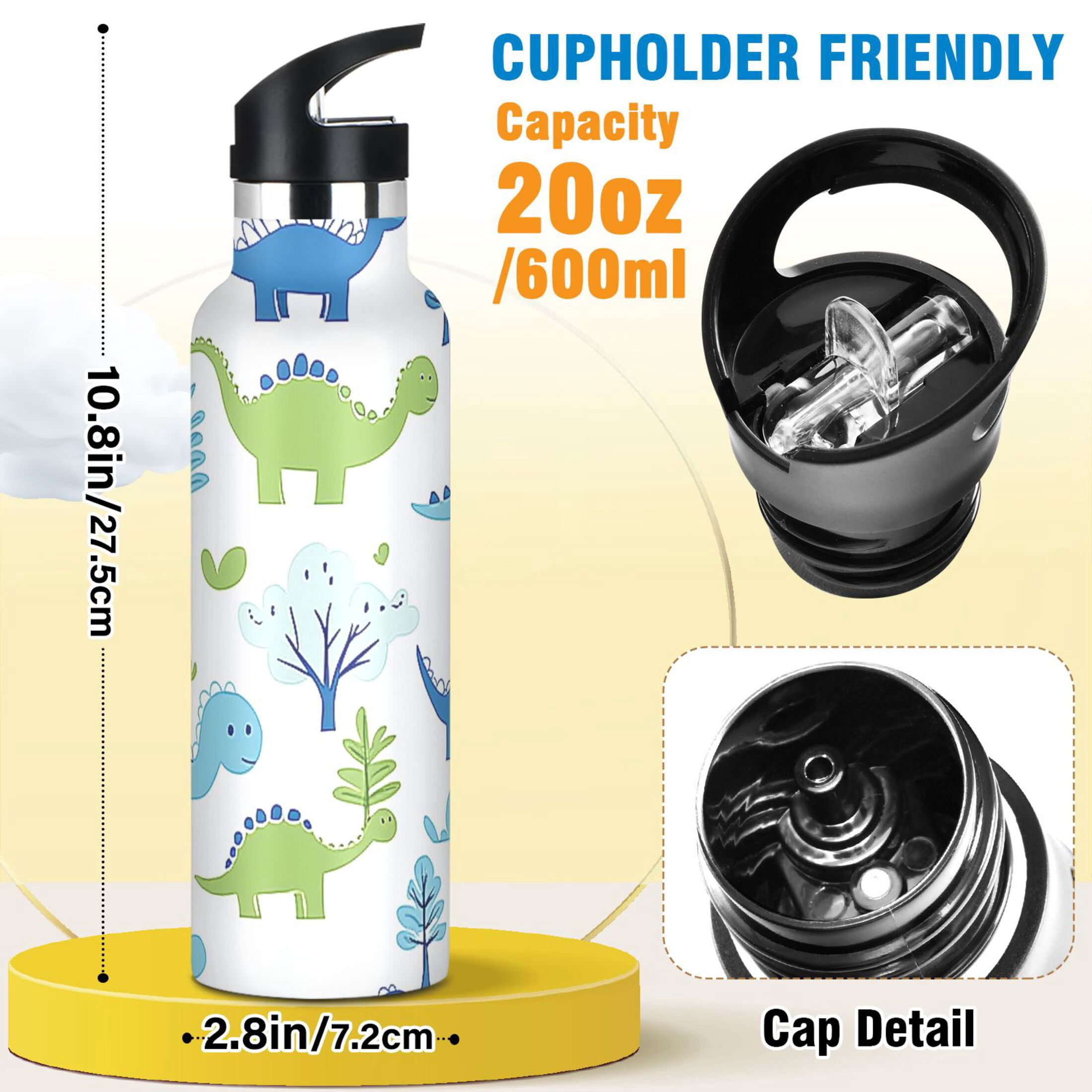 Kids Insulated Stainless Steel Sports Water Bottle 600ml (20oz), BPA-Free Adorable Ccartoon Dinosaur
