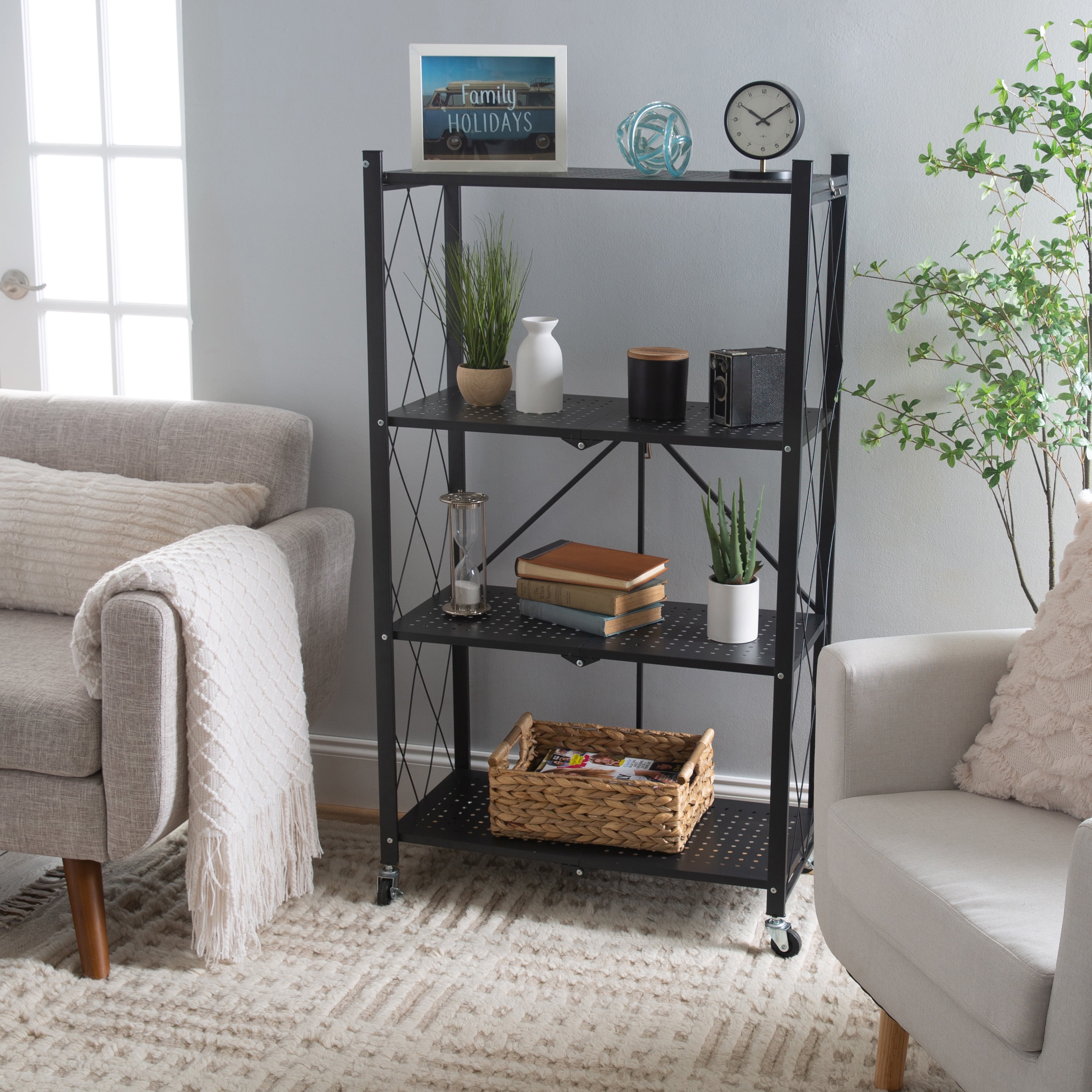 Organize It All 5 Shelf Foldable Metal Storage Shelves, Wheels, Adult, Kitchen, Laundry Room, Black