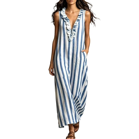 Eawtki Women's V Neck Sleeveless Maxi Dress Ruffle Trim Vertical Stripes With Pockets Loose Fit Casual Beach Dress