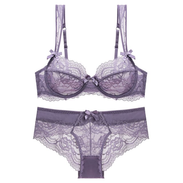 Gibobby Conjunto de lencería de encaje Conjunto de sujetador de encaje sin cojín, sexy, transparente, delgado, de lencería para mujer(Morado, 75C)